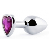 Серебристая анальная пробка с фиолетовым кристаллом-сердечком - 8 см. - Anal Jewelry Plug - купить с доставкой в Астрахани