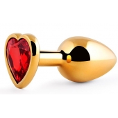 Золотистая анальная пробка с красным стразом-сердечком - 8 см. - Anal Jewelry Plug - купить с доставкой в Астрахани