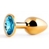 Золотистая анальная пробка с голубым стразом - 7,2 см. - Anal Jewelry Plug - купить с доставкой в Астрахани