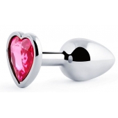 Серебристая анальная пробка с розовым кристаллом-сердечком - 7 см. - Anal Jewelry Plug - купить с доставкой в Астрахани