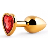 Золотистая анальная пробка с красным стразом-сердечком - 7 см. - Anal Jewelry Plug - купить с доставкой в Астрахани
