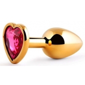 Золотистая анальная пробка с малиновым кристаллом-сердечком - 7 см. - Anal Jewelry Plug - купить с доставкой в Астрахани