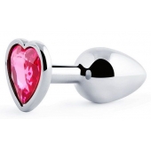 Серебристая анальная пробка с малиновым кристаллом-сердечком - 7 см. - Anal Jewelry Plug - купить с доставкой в Астрахани