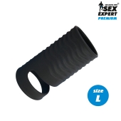 Черная открытая насадка на пенис с кольцом для мошонки L-size - 8,5 см. - Sex Expert - в Астрахани купить с доставкой