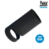 Черная открытая насадка на пенис с кольцом для мошонки XXL-size - 9,4 см. - Sex Expert - в Астрахани купить с доставкой