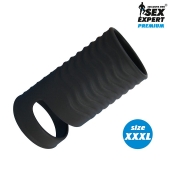 Черная открытая насадка на пенис с кольцом для мошонки XXXL-size - 9,9 см. - Sex Expert - в Астрахани купить с доставкой
