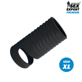 Черная открытая насадка на пенис с кольцом для мошонки XL-size - 8,9 см. - Sex Expert - в Астрахани купить с доставкой
