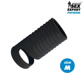 Черная открытая насадка на пенис с кольцом для мошонки size M - 7,9 см. - Sex Expert - в Астрахани купить с доставкой