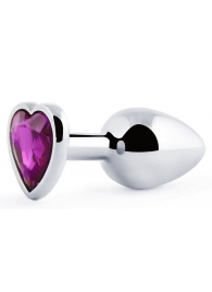 Серебристая анальная пробка с фиолетовым кристаллом-сердечком - 8 см. - Anal Jewelry Plug - купить с доставкой в Астрахани