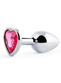 Серебристая анальная пробка с розовым кристаллом-сердечком - 7 см. - Anal Jewelry Plug - купить с доставкой в Астрахани