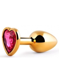Золотистая анальная пробка с малиновым кристаллом-сердечком - 7 см. - Anal Jewelry Plug - купить с доставкой в Астрахани