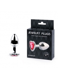 Серебристая анальная пробка с малиновым кристаллом-сердечком - 7 см. - Anal Jewelry Plug - купить с доставкой в Астрахани