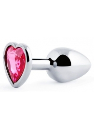 Серебристая анальная пробка с малиновым кристаллом-сердечком - 7 см. - Anal Jewelry Plug - купить с доставкой в Астрахани