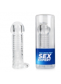 Прозрачная рельефная насадка-реалистик с петлей для мошонки - 13,5 см. - Sex Expert - в Астрахани купить с доставкой