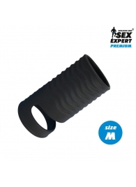 Черная открытая насадка на пенис с кольцом для мошонки size M - 7,9 см. - Sex Expert - в Астрахани купить с доставкой