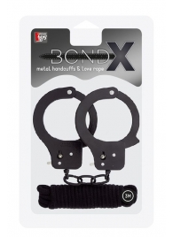 Чёрные наручники из листового металла в комплекте с веревкой BONDX METAL CUFFS LOVE ROPE SET - Dream Toys - купить с доставкой в Астрахани