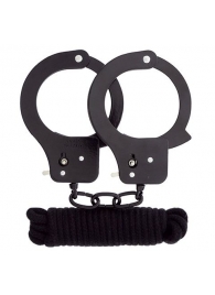 Чёрные наручники из листового металла в комплекте с веревкой BONDX METAL CUFFS LOVE ROPE SET - Dream Toys - купить с доставкой в Астрахани