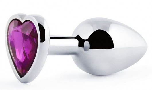Серебристая анальная пробка с фиолетовым кристаллом-сердечком - 8 см. - Anal Jewelry Plug - купить с доставкой в Астрахани