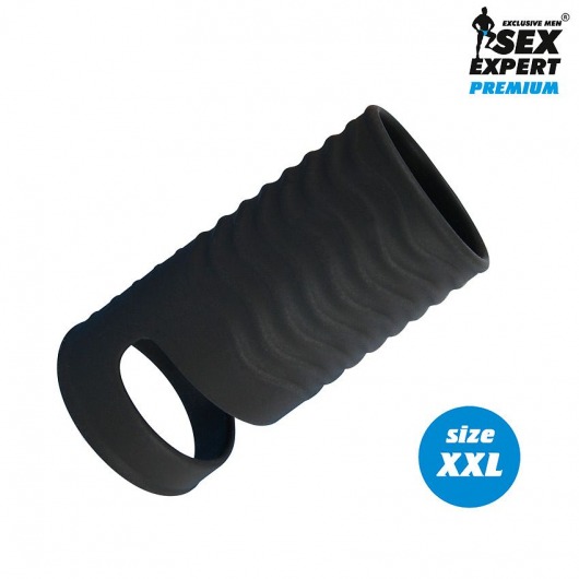 Черная открытая насадка на пенис с кольцом для мошонки XXL-size - 9,4 см. - Sex Expert - в Астрахани купить с доставкой