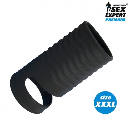 Черная открытая насадка на пенис с кольцом для мошонки XXXL-size - 9,9 см. - Sex Expert - в Астрахани купить с доставкой
