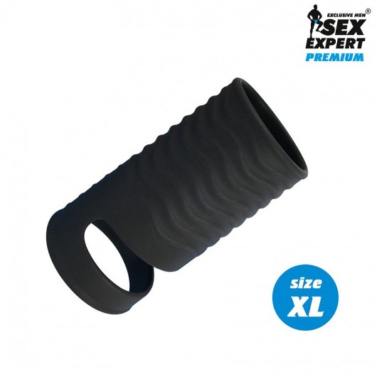 Черная открытая насадка на пенис с кольцом для мошонки XL-size - 8,9 см. - Sex Expert - в Астрахани купить с доставкой