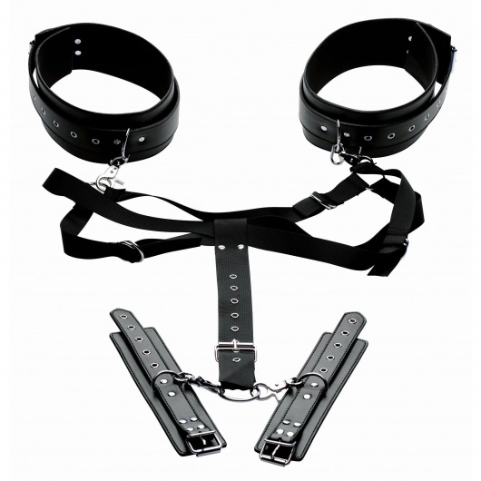 Черная бондажная система Acquire Easy Access Thigh Harness with Wrist Cuffs - XR Brands - купить с доставкой в Астрахани