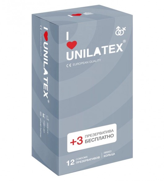 Презервативы с рёбрами Unilatex Ribbed - 12 шт. + 3 шт. в подарок - Unilatex - купить с доставкой в Астрахани
